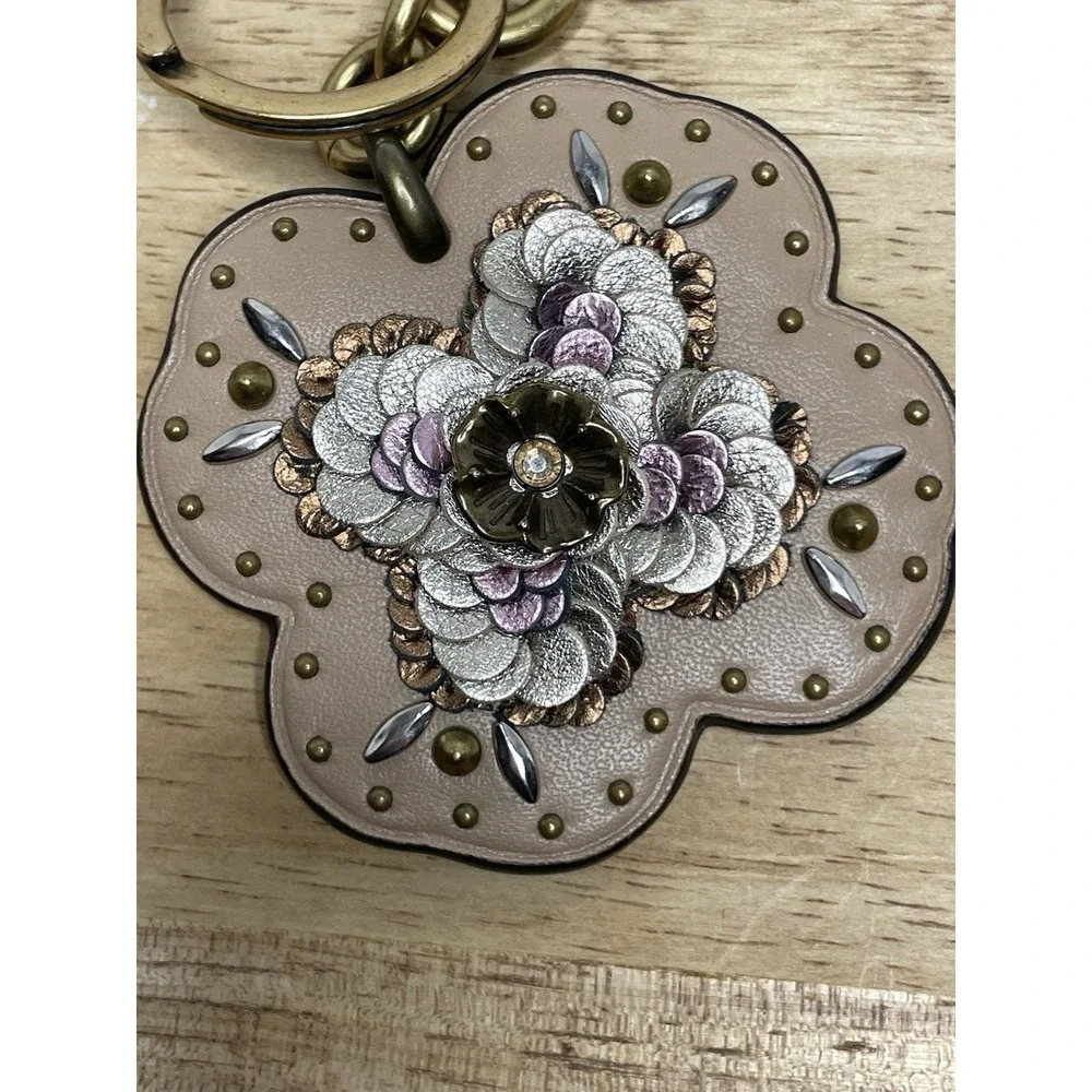 COACH Leather Sequin Appliqué Tea Rose Bag Charm in Beechwood and Gold - Picture 6 of 8